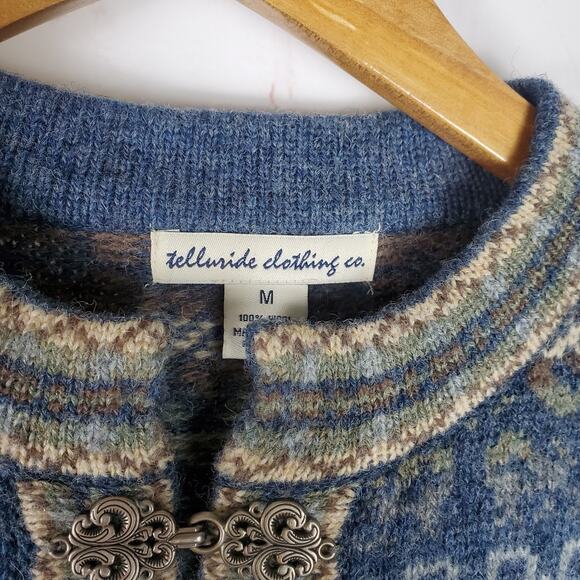 Telluride Clothing Co 100% Wool Nordic Fair Isle Cardigan Sweater Sz M Blue Mult - Picture 8 of 13